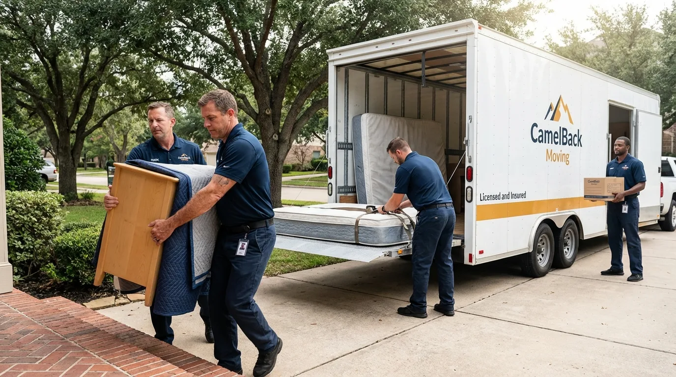 Crew loading residential truck for cross-state move from Carlisle, IA
