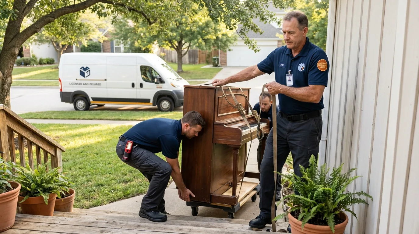 Licensed piano movers securing grand piano in Carlisle, IA