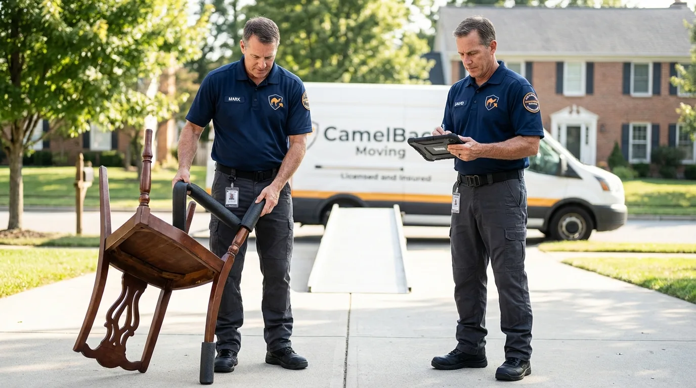 Movers inspecting furniture for damage prevention before loading in Carlisle, IA