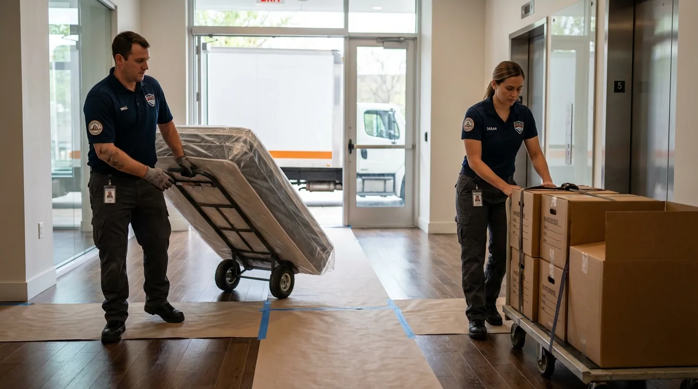 Professional apartment movers loading elevator in Carlisle, IA