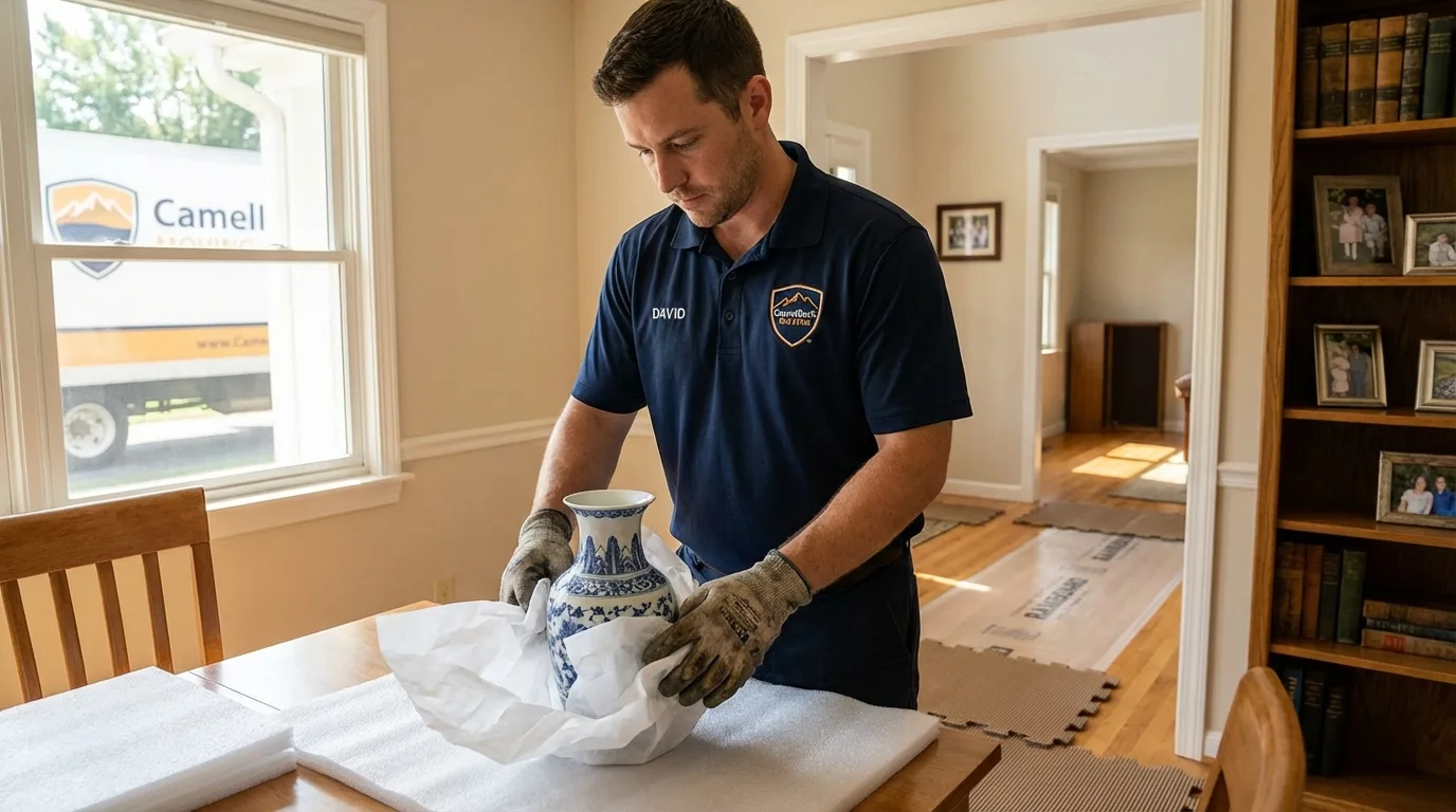 Professional crew carefully wrapping antique vase for senior downsizing move in Carlisle, IA